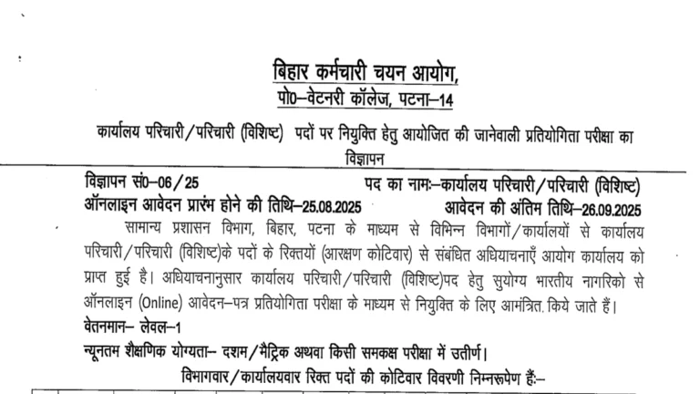 Bihar BSSC Office Attendant Recruitment 2025