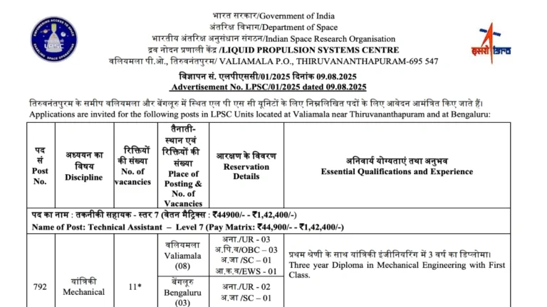 ISRO LPSC Various Posts Recruitment 2025
