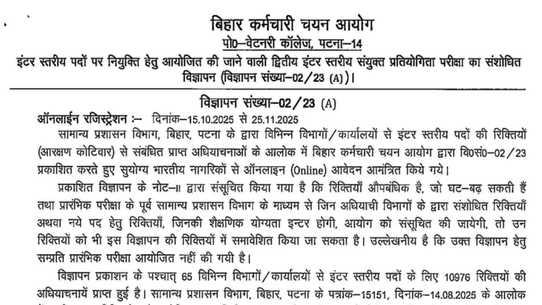 Bihar BSSC Inter Level Recruitment Notification 2025