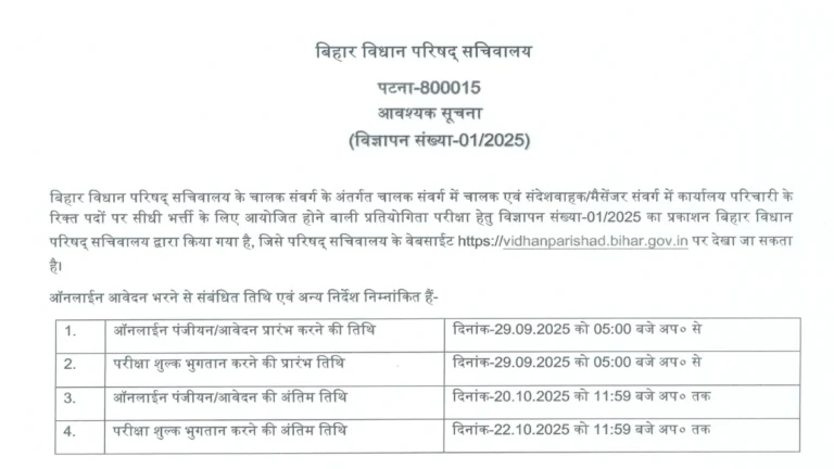 Bihar Vidhan Parishad Recruitment Notification 2025